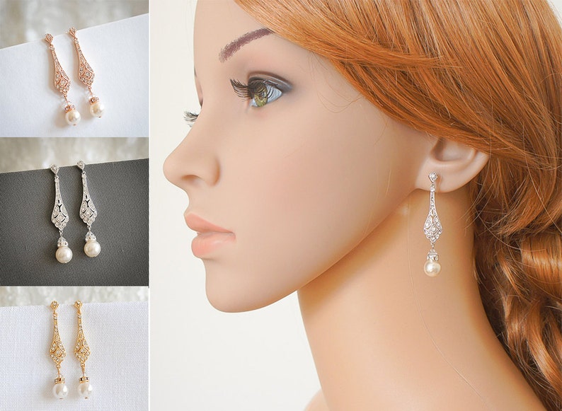 Bridal Earrings, Wedding Earrings, Swarovski Pearl Drop Dangle Earrings, Vintage Style Earrings, Old Hollywood Wedding Jewelry, TRISSIE image 3