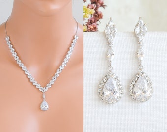 Crystal Bridal Necklace Earring SET, Ensemble de bijoux de mariage, Marquise Teardrop Dangle Boucles d’oreilles nuptiales, Y Drop Collier de mariage, Or rose, JANE