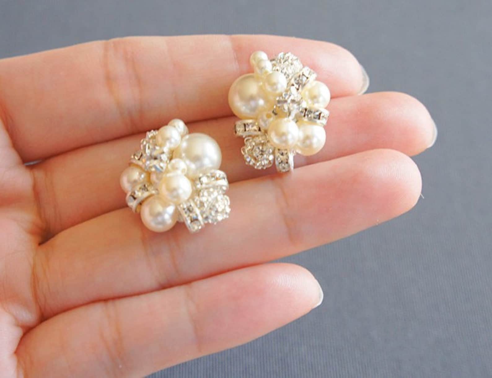 Pearl Cluster Bridal Earrings Rhinestone and Pearl Stud Etsy