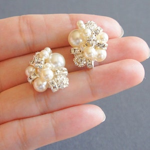 Pearl Cluster Bridal Earrings, Rhinestone and Pearl Stud Earrings ...