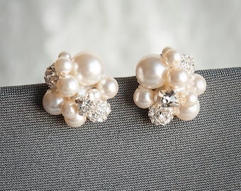 Pearl Cluster Wedding Earrings, Bridal Stud Earrings, Swarovski Crystal and Pearl Cluster Earrings, Statement Wedding Bridal Jewelry, TASMIN