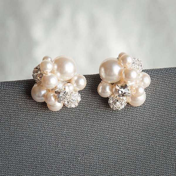 Pearl Cluster Wedding Earrings, Bridal Stud Earrings, Swarovski Crystal and Pearl Cluster Earrings, Statement Wedding Bridal Jewelry, TASMIN