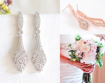 Bridal Earrings, Crystal Wedding Earrings, Art Deco Dangle Drop Earrings, Vintage Style Wedding Bridal Jewelry, Rose Gold Earrings, REGINA