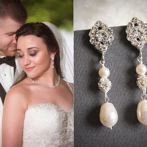 TACIE, Vintage Inspired Oval Rhinestone Wedding Earrings, White, Ivory Swarovski Pearl and Crystal Bridal Dangles, Art Deco Wedding Jewelry