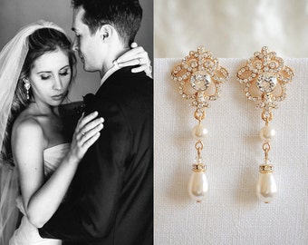 Gold Bridal Earrings, Wedding Earrings, Swarovski Pearl Crystal Dangle Earrings, Vintage Style Ribbon Bow Earrings, Bridal Jewelry, JOLENE