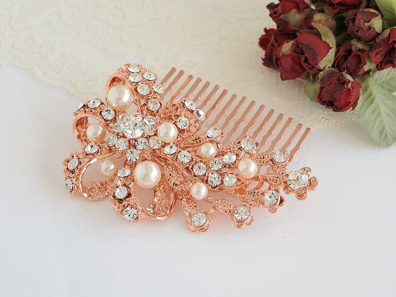 Pearl Bridal Hair Comb, Vintage Style Crystal Wedding Hair Comb, Rose Gold Bow Bridal Hair Comb, Bridal Wedding Hair Accessories, CADENCE zdjęcie 6