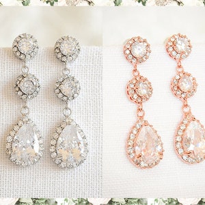 Bridal Earrings, Rose Gold Wedding Earrings, Wedding Jewelry, Dangle Drop Earrings, Halo Teardrop Bridal Earrings, Wedding Jewelry, VENETIA