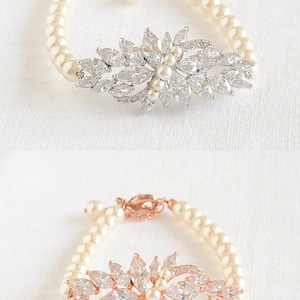 Wedding Bracelet, Silver, Rose Gold, Pearl Bridal Bracelet, Crystal Flower Leaf Bracelet Cuff, Vintage Style Bridal Wedding Jewelry, LORETTA image 3
