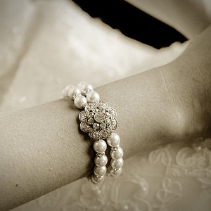 Bridal Bracelet, Swarovski Pearl Wedding Bracelet Cuff, Vintage Style Crystal Rhinestone Flower Statement Bracelet, Wedding Jewelry, EZINA image 3