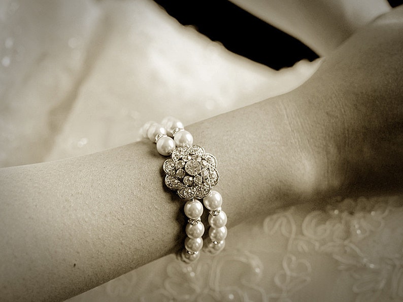 Bridal Bracelet, Swarovski Pearl Wedding Bracelet Cuff, Vintage Style Crystal Rhinestone Flower Statement Bracelet, Wedding Jewelry, EZINA image 3