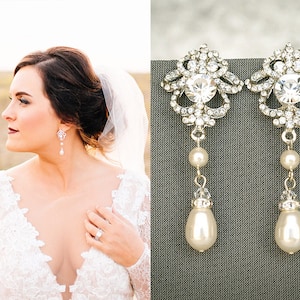 Bridal Earrings, Wedding Earrings, Swarovski Pearl and Crystal Rhinestone Dangle Earrings, Teardrop Drop Earrings, Bridal Jewelry, JOLENE image 1