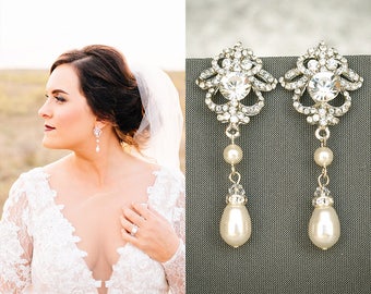 Bridal Earrings, Wedding Earrings, Swarovski Pearl and Crystal Rhinestone Dangle Earrings, Teardrop Drop Earrings, Bridal Jewelry, JOLENE