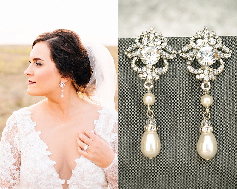 Bridal Earrings, Wedding Earrings, Swarovski Pearl and Crystal Rhinestone Dangle Earrings, Teardrop Drop Earrings, Bridal Jewelry, JOLENE image 1