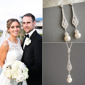 Bridal Jewelry SET, Wedding Jewelry Set, Crystal Necklace Earrings Set, Swarovski Pearl Earrings, Bridal Earrings, Wedding Necklace, TRISSIE