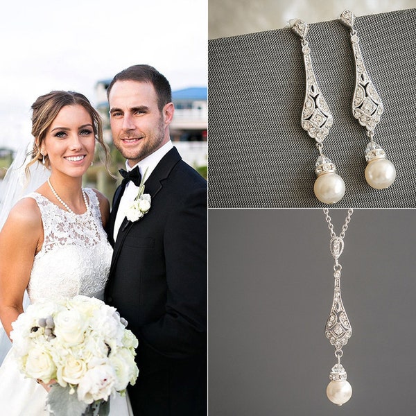 ENSEMBLE de bijoux de mariée, ensemble de bijoux de mariage, collier de boucles d'oreilles en cristal, boucles d'oreilles avec perles de Swarovski, boucles d'oreilles de mariée, collier de mariage, TRISSIE