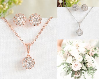 Rose Gold Bridal Jewelry SET, Crystal Wedding Necklace Set, Bridal Stud Earrings, Crystal Halo Pendant Necklace Earring SET, Bridsmaid, GWEN