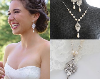 Bridal Necklace, Wedding Jewelry SET, Wedding Earrings, Vintage Style Bridal Jewelry, Swarovski Pearl Crystal Sterling Silver Jewelry, GRACE