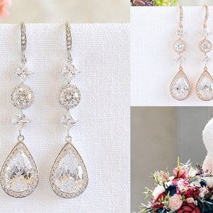 Rose Gold Bridal Earrings, Long Wedding Earrings, Crystal Halo and Teardrop Dangle Earrings, Wedding Jewelry, Old Hollywood Style, ARIANNE