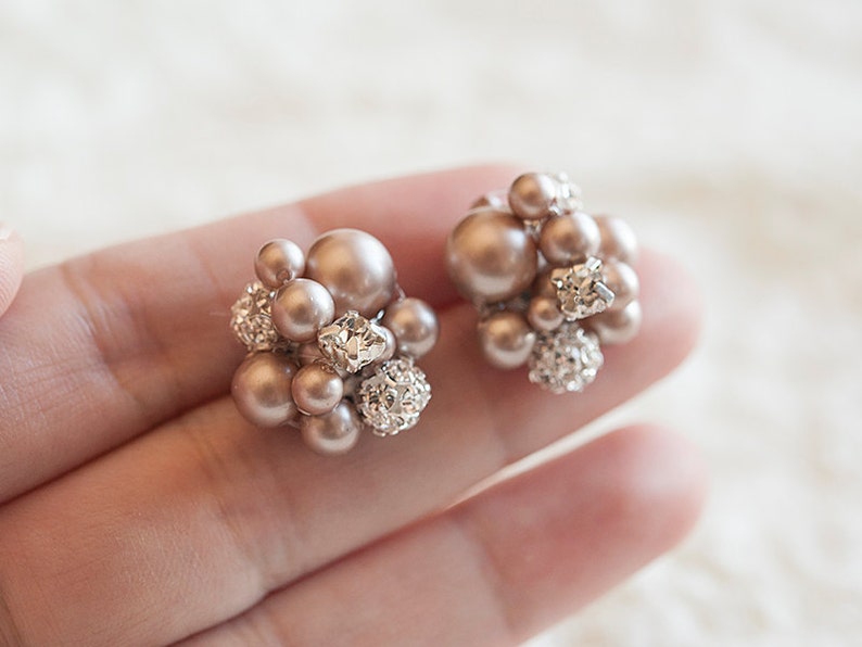 Champagne Bridal Earrings Pearl Cluster Stud Wedding Etsy