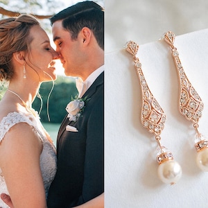 Hochzeit Ohrringe, Rose Gold Braut Ohrringe, Swarovski Perle Tropfen Ohrringe, Ohrstecker, alte Hollywood Hochzeit Schmuck, TRISSIE