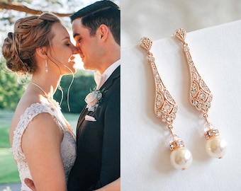 Wedding Earrings, Rose Gold Bridal Earrings, Swarovski Pearl Drop Dangle Earrings, Stud Earrings, Old Hollywood Wedding Jewelry, TRISSIE