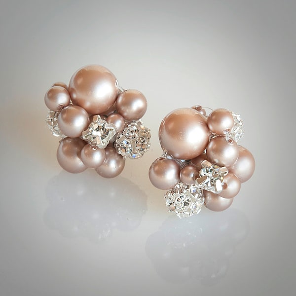 Champagne Bridal Earrings, Pearl Cluster Stud Wedding Earrings, Swarovski Crystal and Pearl Earrings, Retro Statement Bridal Jewelry, TASMIN