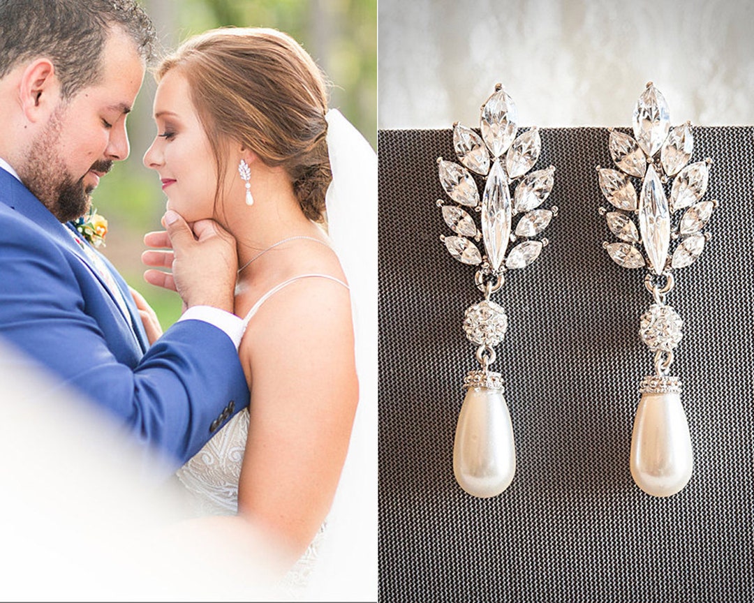 Vintage Style Swarovski Teardrop Pearl Drop Dangle Bridal