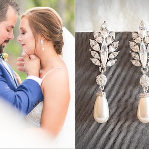 Vintage Style Swarovski Teardrop Pearl Drop Dangle Bridal Earrings, Crystal Leaf Wedding Earrings, Rhinestone Bridal Jewelry, SANDRINE