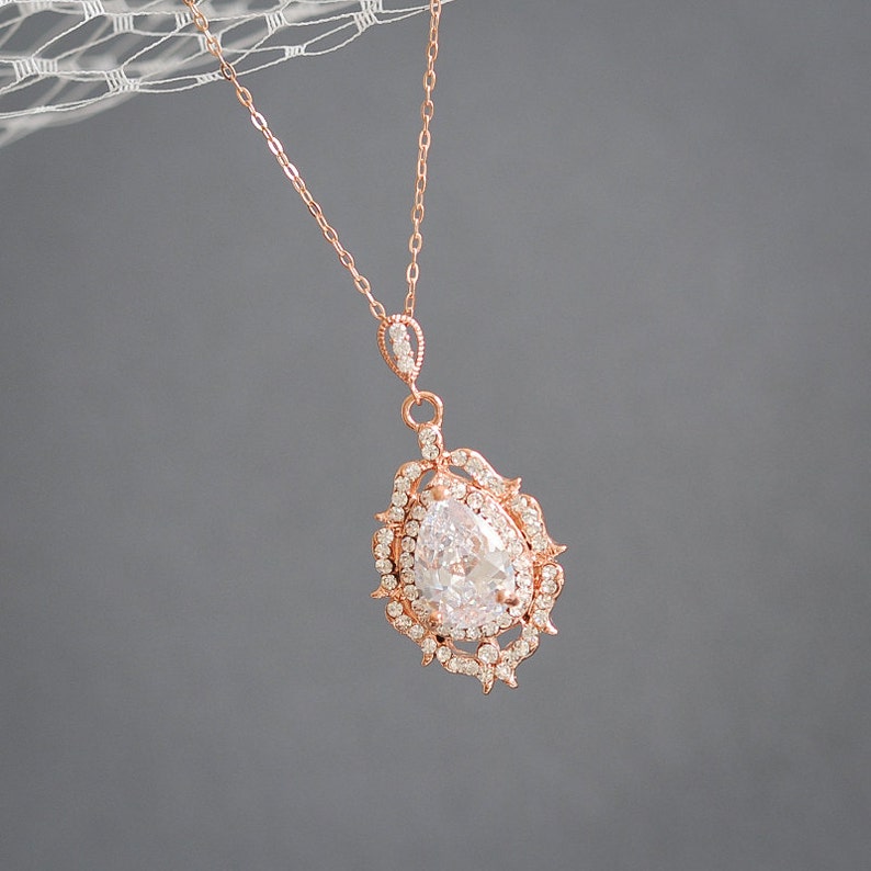 Crystal Bridal Necklace, Wedding Necklace, Rose Gold Necklace, Zirconia Teardrop Pendant Necklace, Vintage Style Wedding Jewelry, LIBBY image 6