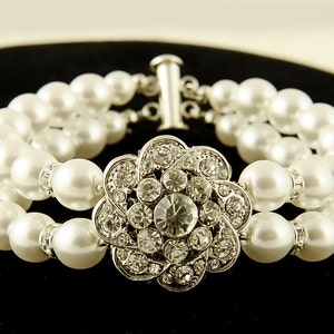 Bridal Bracelet, Swarovski Pearl Wedding Bracelet Cuff, Vintage Style Crystal Rhinestone Flower Statement Bracelet, Wedding Jewelry, EZINA image 1