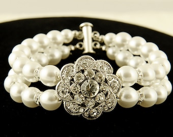 Bridal Bracelet, Swarovski Pearl Wedding Bracelet Cuff, Vintage Style Crystal Rhinestone Flower Statement Bracelet, Wedding Jewelry, EZINA