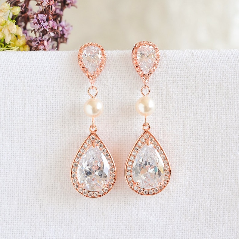 Rose Gold Wedding Earrings Pink Crystal Bridal Earrings Etsy