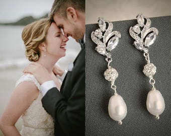 Bridal Earrings, Wedding Earrings, Vintage Style Filigree Leaf  Earrings, Swarovski Pearl Drop Dangle Earrings, Wedding Jewelry, BERENICE