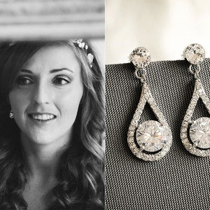 Bridal Earrings, Crystal Wedding Earrings, Teardrop Earrings, Dangle Drop Earrings, Art Deco Halo Bridal Earrings, Vintage Style, ARAMINTA