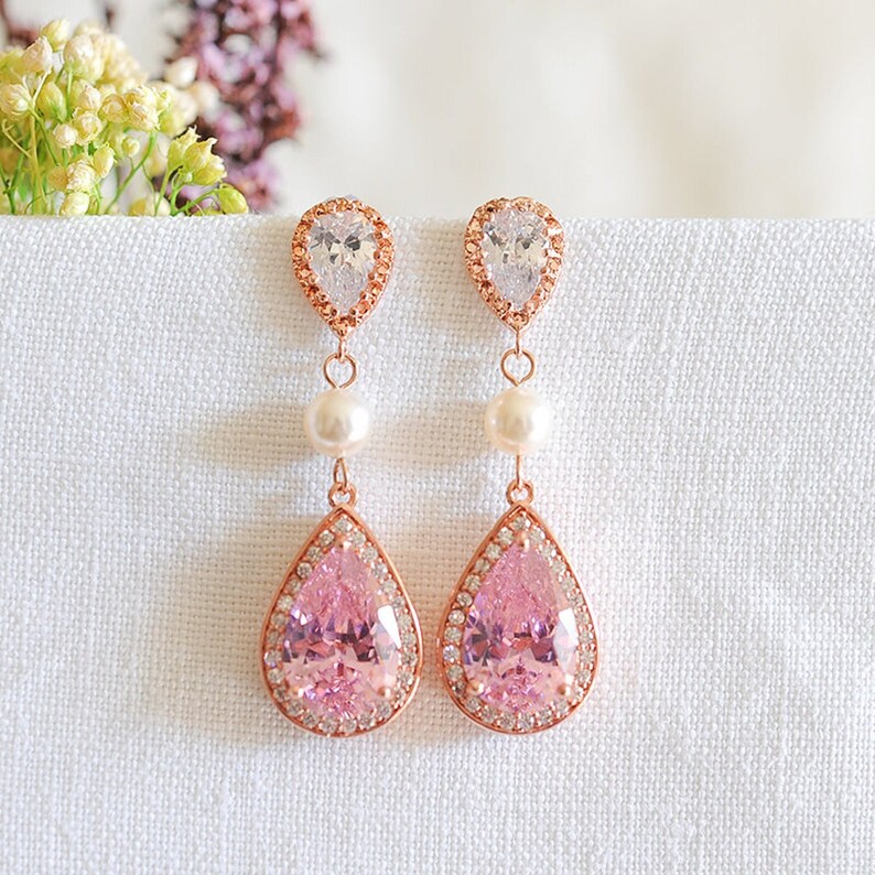 Pearl Bridal Earrings Pink Crystal Wedding Earrings Etsy
