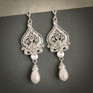 Wedding Earrings, Bridal Earrings, Swarovski Pearl Chandelier Earrings, Crystal Dangle Earrings,Vintage Style Wedding Bridal Jewelry, GRACE