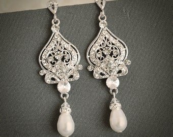Wedding Earrings, Bridal Earrings, Swarovski Pearl Chandelier Earrings, Crystal Dangle Earrings,Vintage Style Wedding Bridal Jewelry, GRACE