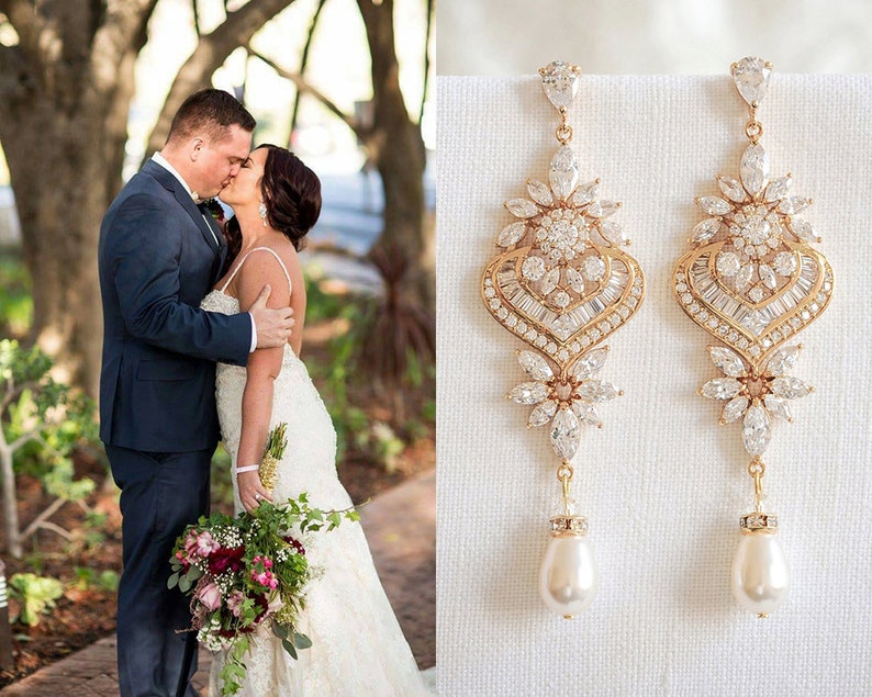Gold Wedding Earrings, Chandelier Bridal Earrings, Long Dangle Earrings, Crystal Earrings, Swarovski Pearl Earrings, Bridal Jewelry, EZMAE 