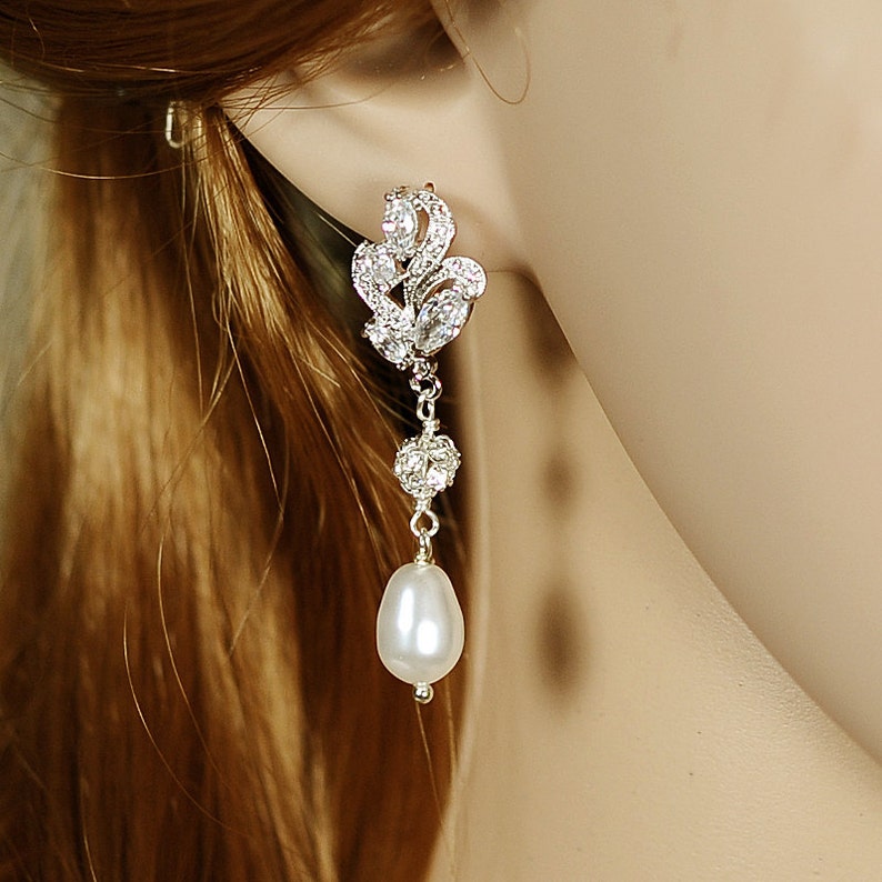 Bridal Earrings, Wedding Earrings, Vintage Style Filigree Leaf Earrings, Swarovski Pearl Drop Dangle Earrings, Wedding Jewelry, BERENICE image 3