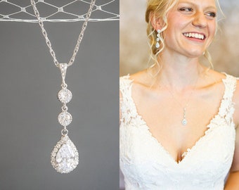 Wedding Necklace, Sterling Silver Bridal Pendant Necklace, Crystal Teardrop Dangle Bridal Necklace, Wedding Bridal Statement Jewelry, HARLEY