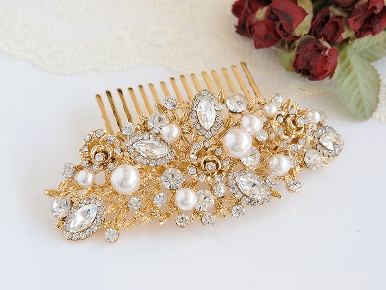 Swarovski Pearl Bridal Hair Comb, Crystal Wedding Hair Comb, Rose Flower Hair Clip, Bridal Hairpiece, Vintage Style Hair Jewelry, ROSA image 4