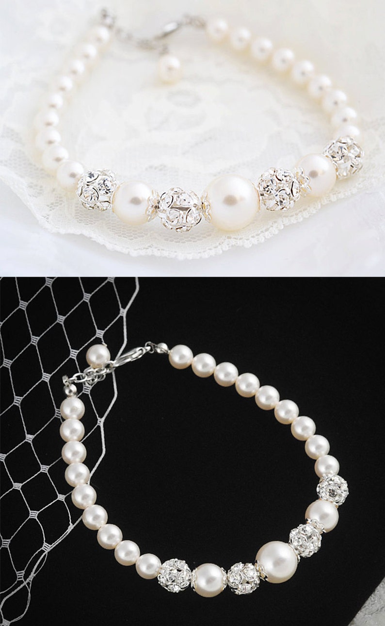 Simple Bridal Bracelet, Pearl Wedding Bracelet, Crystal Bridal Bracelet, Swarovski Pearl Bracelet, Rhinestone Wedding Bridal Jewelry, BERIT image 5