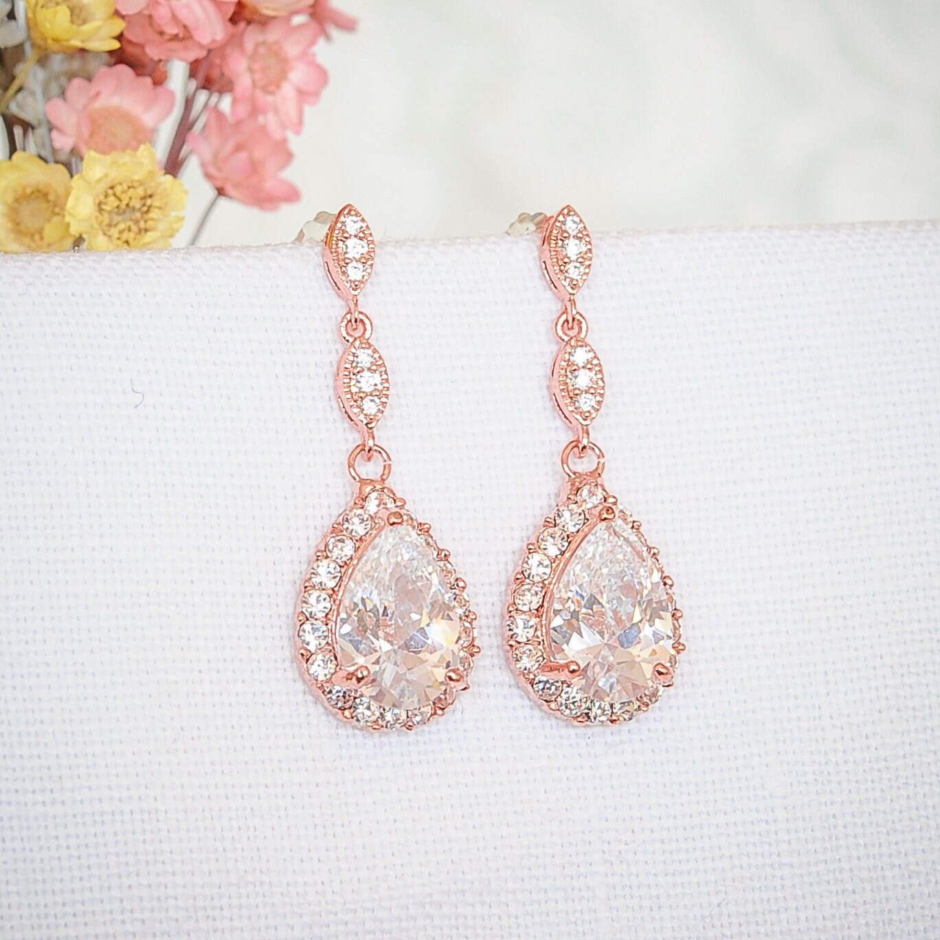 Rose Gold Bridal Earrings Crystal Wedding Earrings