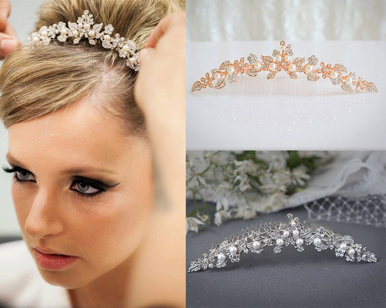 Bridal Tiara, Rose Gold Wedding Tiara, Swarovski Pearl Crystal Bridal Tiara, Vintage Style Flower Leaf Bridal Crown Accessories, TIMOTHEA image 1