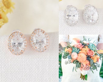 Bridal Stud Earrings, Rose Gold, Silver, Wedding Stud Earrings, Crystal Oval Earrings, Bridesmaid Earrings, Wedding Bridal Jewelry, PERLA