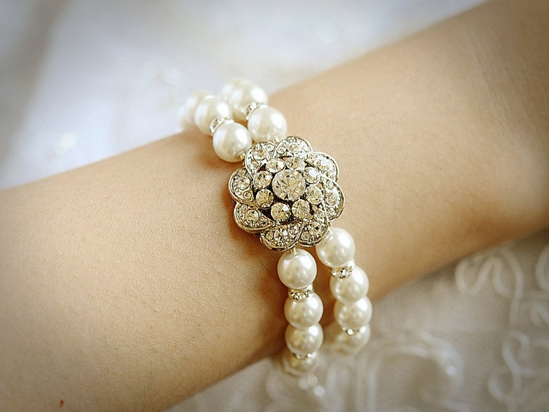 Bridal Bracelet, Swarovski Pearl Wedding Bracelet Cuff, Vintage Style Crystal Rhinestone Flower Statement Bracelet, Wedding Jewelry, EZINA image 2