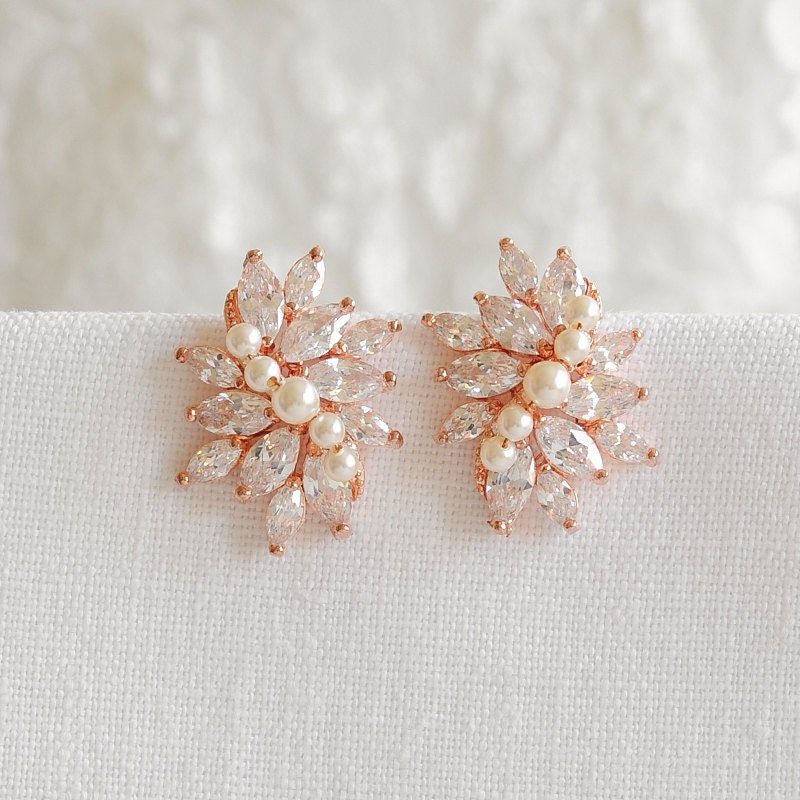 Rose Gold Wedding Earrings Bridal Stud Earrings Crystal