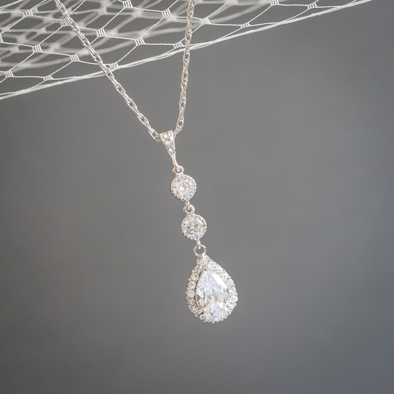 Wedding Necklace, Sterling Silver Bridal Pendant Necklace, Crystal Teardrop Dangle Bridal Necklace, Wedding Bridal Statement Jewelry, HARLEY image 3