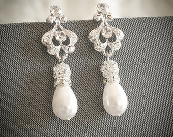 Boucles d'oreilles de mariée, Boucles d'oreilles de mariage Art déco, Boucles d'oreilles de mariée en or rose, Boucles d'oreilles en cristal, Boucles d'oreilles en perles de Swarovski, Bijoux de mariage, AILEY