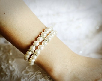 Bridal Bracelet, Swarovski Pearl Wedding Bracelet, Crystal Rhinestone Statement Bracelet Cuff, Silver or Gold Wedding Bridal Jewelry, MARCIA